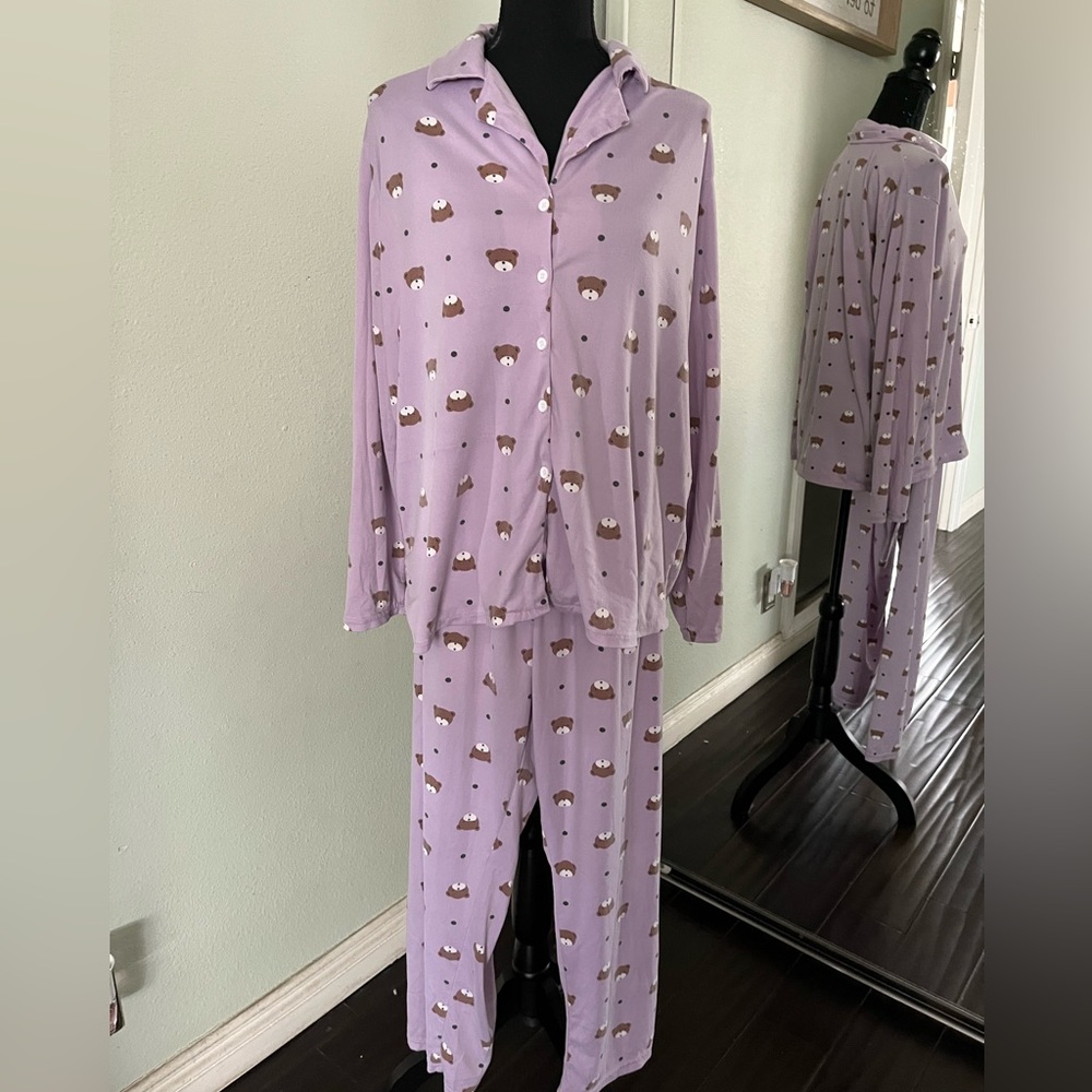 K Studio Purple And Brown Teddy Bear Pajama Set Size Small
